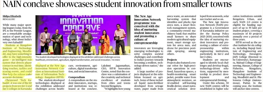 Highlighted newspaper clipping from The Hindu headlined “NAIN conclave showcases student innovation from smaller towns”, featuring the Tech Kabaddi project at the NAIN Conclave.